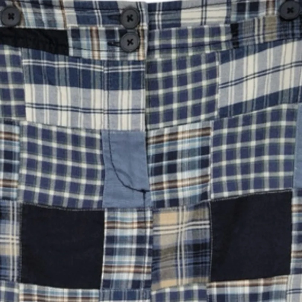 LOFT Patchwork Skirt Women Sz 12 Blue Madras Lined Zipper Button Pockets Preppy - Picture 6 of 10